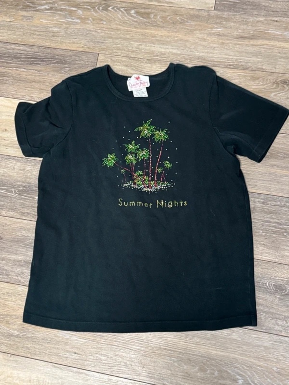 Quacker Factory Black Tee with Green & Pink Palm Design